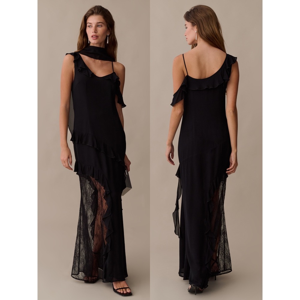 NWT o.p.t Carmen Ruffle Lace Detail Maxi Dress in Black - Size 4